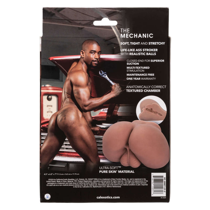 Packaging for Cheap Thrills The Mechanic male masturbator featuring product details and lifelike design.