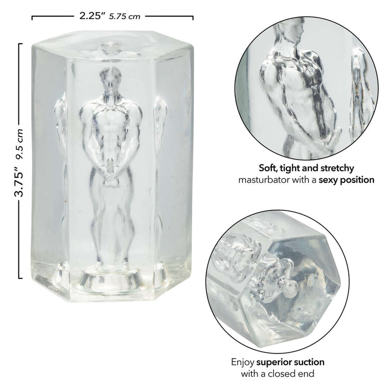Transparent Guys Guys Guys Romeo masturbator with soft, tight, and stretchy design for superior suction, featuring detailed dimensions.