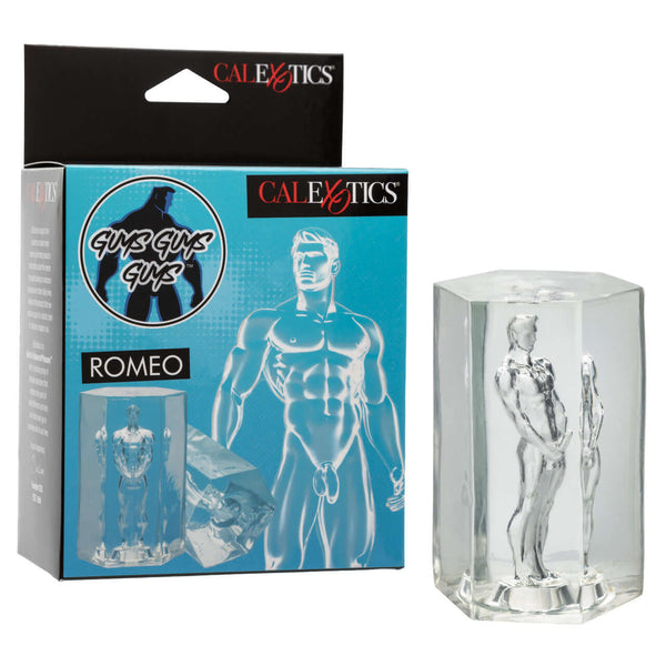 Guys Guys Guys Romeo transparent masturbator with packaging, showing soft and stretchy premium stroker for intense satisfaction
