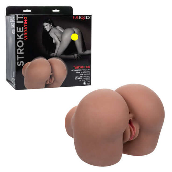 Stroke It Vibrating Twerking BBL Brown Realistic Masturbator product image featuring skin-like texture and packaging.