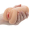 Stroke It Liquid Silicone Juicy Pussy Ivory Masturbator being held in a hand, showcasing its realistic design and texture.