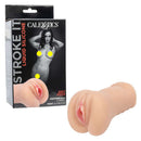 Stroke It Liquid Silicone Juicy Pussy Ivory Masturbator next to its packaging showcasing realistic design.