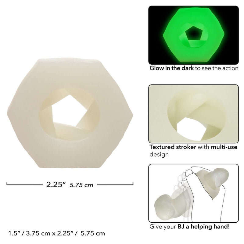 Glow-in-the-dark textured stroker Slop Top Nasty Luv, dimensions and multi-use guide, enhancing pleasure for solo and couples' play.