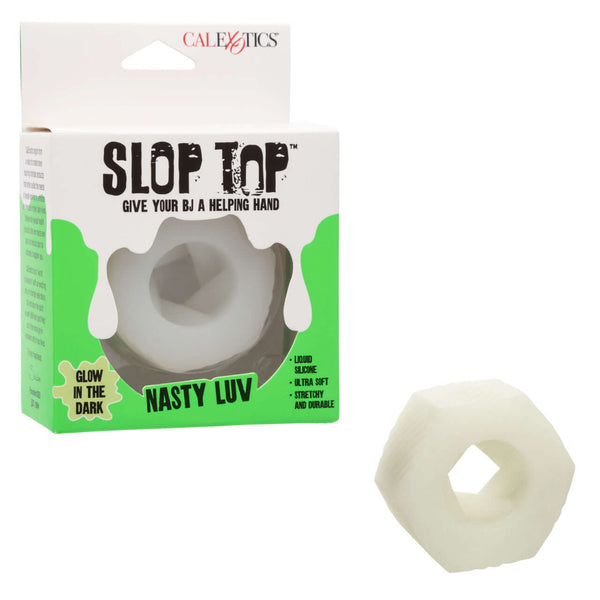 Slop Top Nasty Luv glow-in-the-dark textured stroker in packaging and standalone, enhancing BJ sessions and solo play.