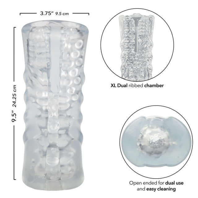 Cyclone Dual Chamber Stroker XL showcasing dual-ribbed textures and open-ended design for intense solo pleasure and easy cleaning
