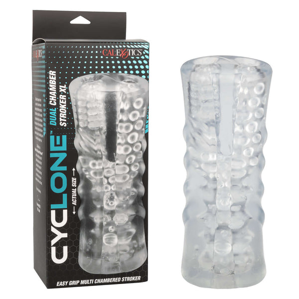 Cyclone Dual Chamber Stroker XL with textured design and packaging, offering heavy-duty stimulation for intense solo pleasure.