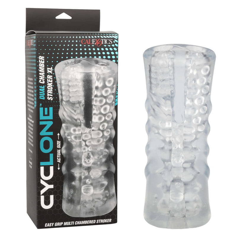 Cyclone Dual Chamber Stroker XL with textured design and packaging, offering heavy-duty stimulation for intense solo pleasure.