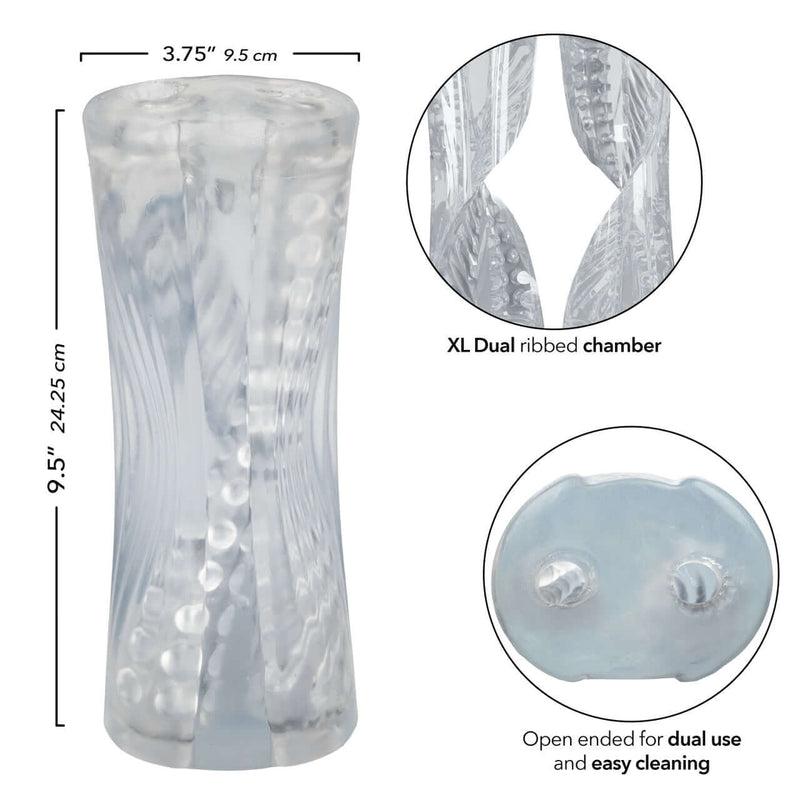 Cyclone Dual Ribbed Stroker XL with easy-grip, open-ended design, and detailed XL ribbed chamber for enhanced solo play stimulation.