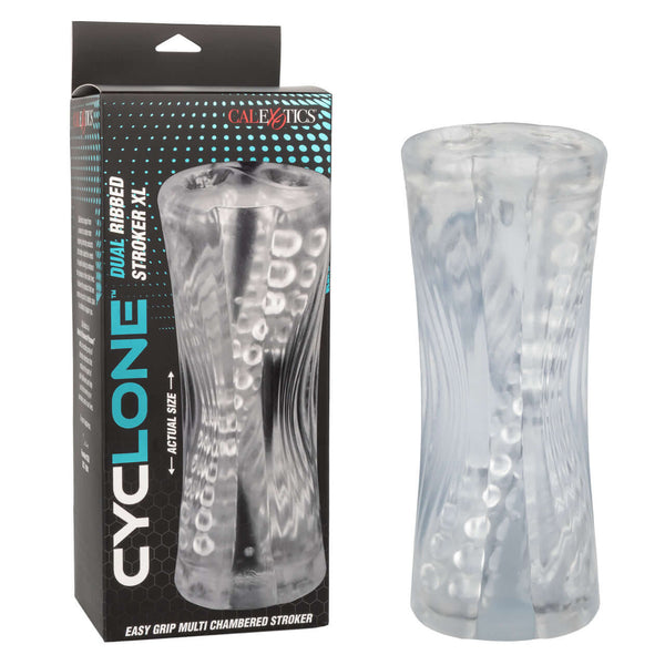 Cyclone Dual Ribbed Stroker XL with packaging and clear textured design for enhanced solo play experience.