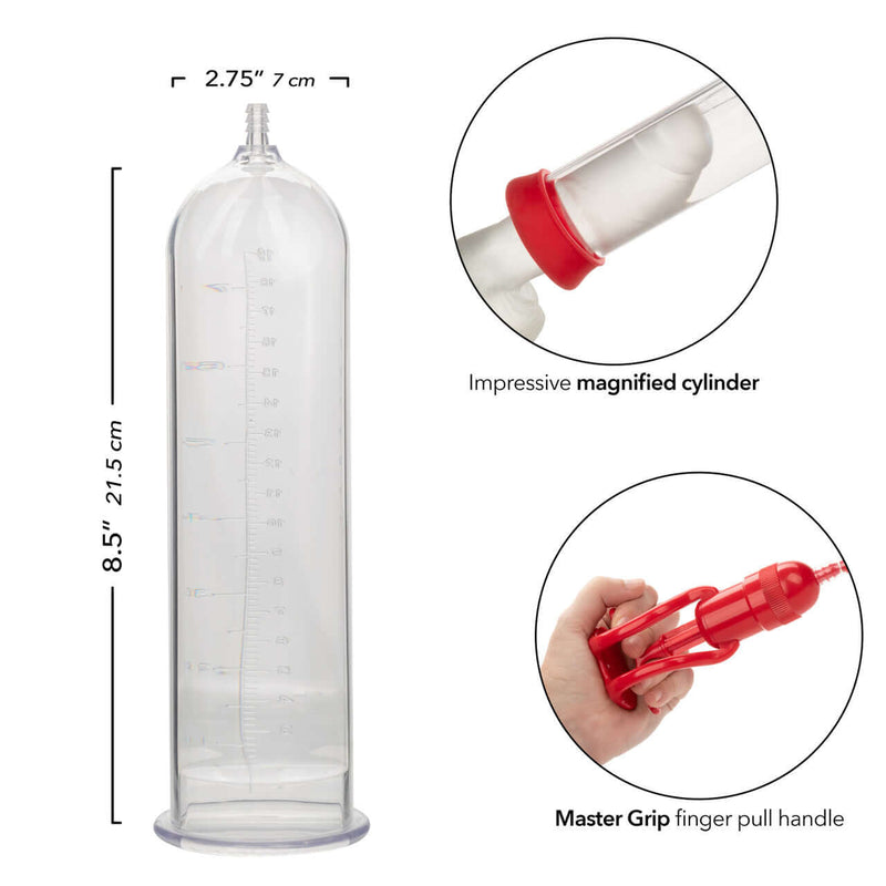 Optimum Series Magnified Pump with clear cylinder, incremental measurements, and Master Grip handle for enhanced performance.