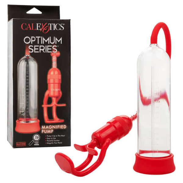 Optimum Series Magnified Pump with clear cylinder and red Master Grip handle in packaging.