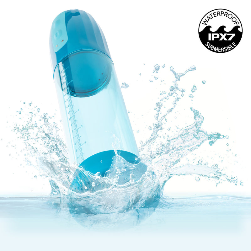 Optimum Series Rechargeable Advanced Waterproof Pump Blue splashing in water with waterproof IPX7 rating.