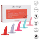 She-ology Silicone Wearable Vaginal Dilator 5 Per Set with colorful dilators and packaging for comfort and mobility.
