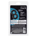 Packaging for Ultra Soft Crazy 8 Cock Ring Black highlighting its features and benefits with blue dot design.