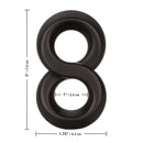 Ultra Soft Crazy 8 Cock Ring Black close-up with dimensions, showcasing soft material and unique design.