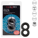 Ultra Soft Crazy 8 Cock Ring Black in package, showcasing its ultra-soft, stretchy, and comfortable design.
