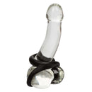 Ultra Soft Crazy 8 Cock Ring Black on a clear glass dildo, showcasing flexible support for comfort and enhancement.