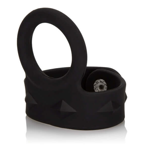 Silicone Tri-Snap Scrotum Support Ring in Medium Black - Adjustable for enhanced performance and pleasure.