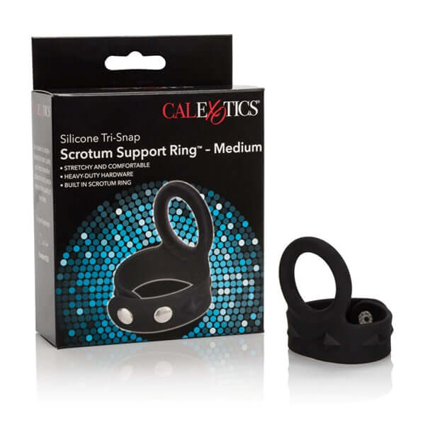 Silicone Tri-Snap Scrotum Support Ring Medium Black Adjustable with Packaging from California Exotic Novelties