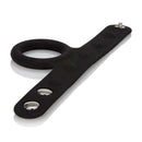 Silicone Tri-Snap Scrotum Support Cock Ring Large Black showcasing its flexible design and adjustable snaps.