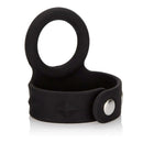 Silicone Tri-Snap Scrotum Support Cock Ring Large Black, durable adjustable support ring for intimate activity.