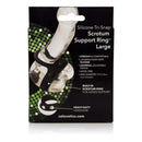 Silicone Tri-Snap Scrotum Support Cock Ring Large Black packaging showing adjustable design and heavy-duty hardware.