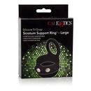 Silicone Tri-Snap Scrotum Support Cock Ring Large Black packaging showing durability and comfort with support ring design.
