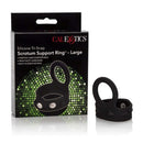 Silicone Tri-Snap Scrotum Support Cock Ring Large Black packaging and product view with durable design.