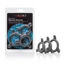 Pro Series Silicone Ring Set packaging and rings showing textures and sizes for men's support and comfort.