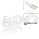 Stacker Rings Silicone Cock Rings 3 Piece Clear set showcasing stackable silicone rings for customizable penetration depth.