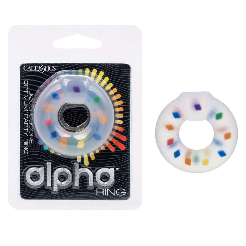 Alpha Liquid Silicone Optimum Party Ring in packaging with colorful design for enhanced pleasure and performance.