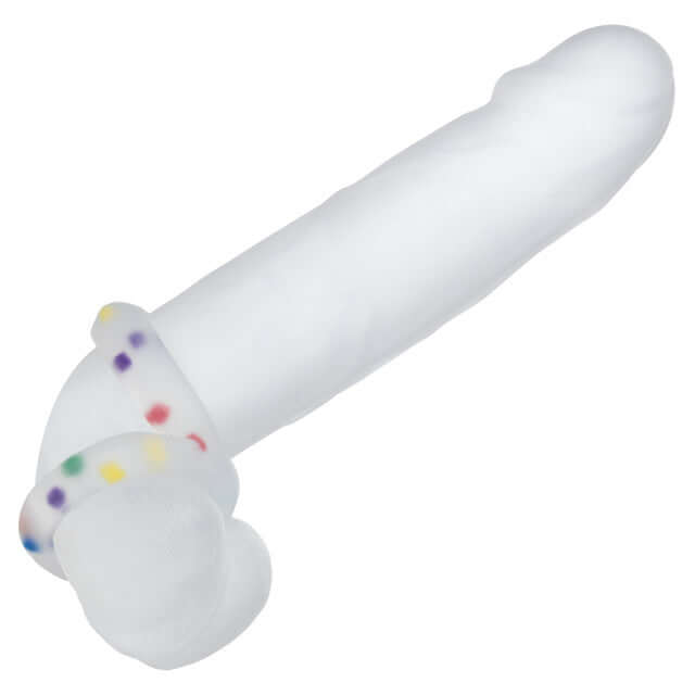 Alpha Liquid Silicone Crazy 8 Party Ring on a white dildo, designed for enhancing pleasure and performance.