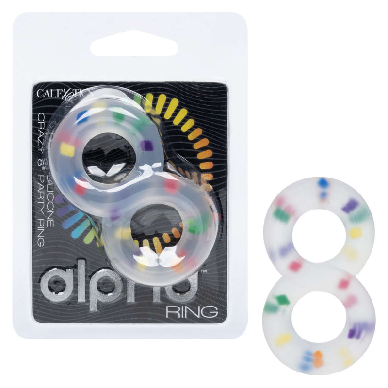 Alpha Liquid Silicone Crazy 8 Party Ring in packaging, featuring dual-ring design for enhanced pleasure and performance.
