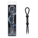 Alpha Liquid Silicone Dual Lasso Black packaging and product for personalized pleasure and powerful support.