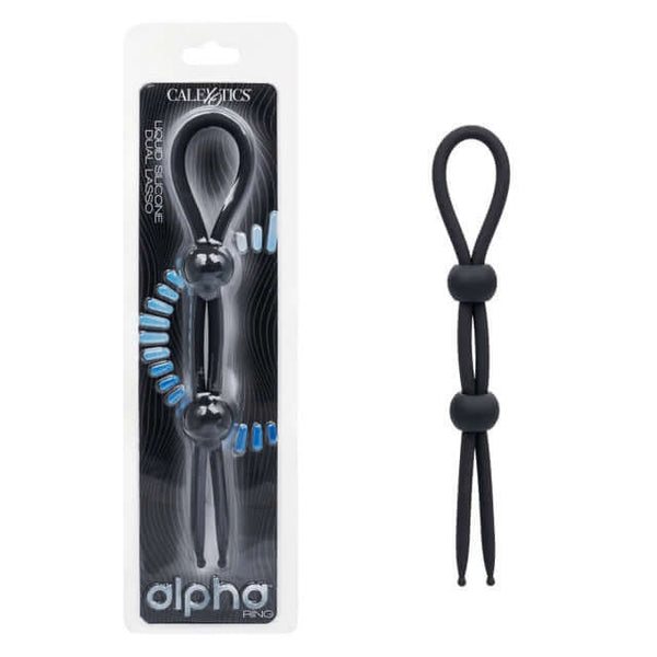 Alpha Liquid Silicone Dual Lasso Black packaging and product for personalized pleasure and powerful support.