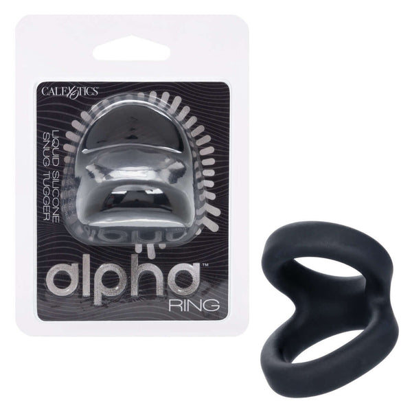Alpha Liquid Silicone Snug Tugger Black in packaging next to the product designed for enhanced stamina and pleasure.
