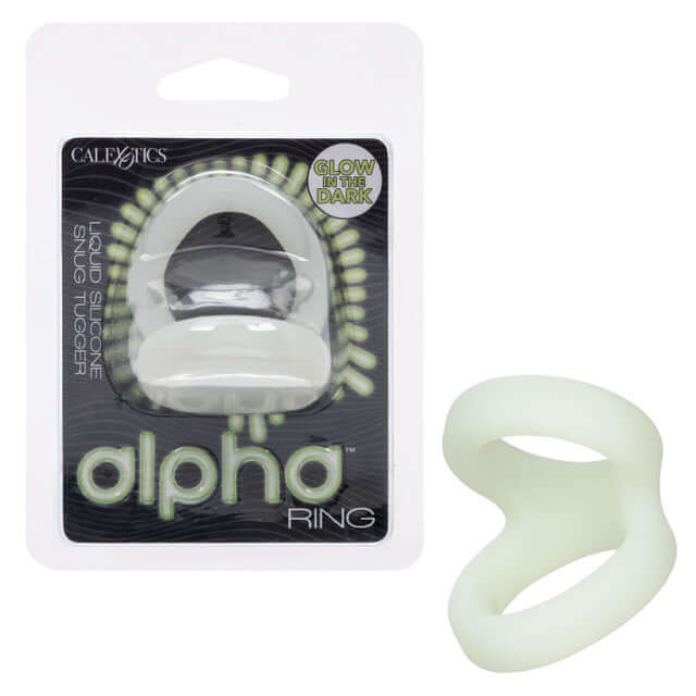 Alpha Liquid Silicone Snug Tugger Glow-In-The-Dark White packaging and product, premium performance enhancer in white.