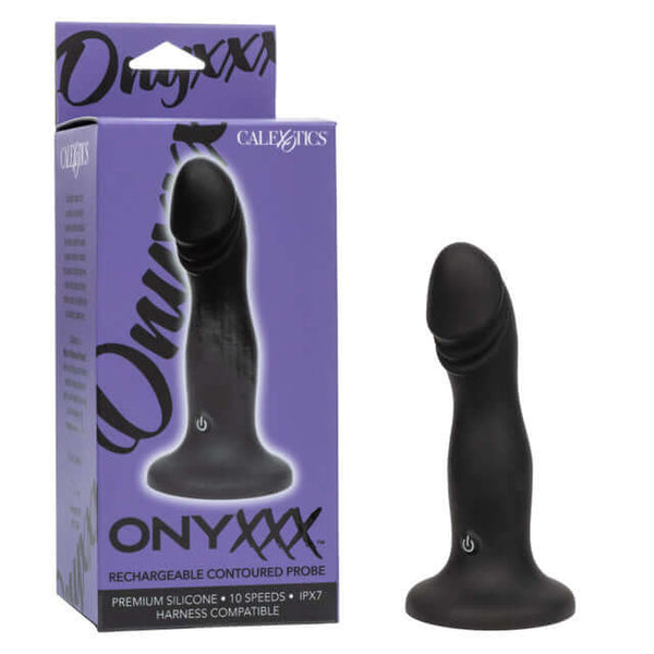 Onyxxx Contoured Probe Rechargeable in sleek black silicone packaging showing product features and design.