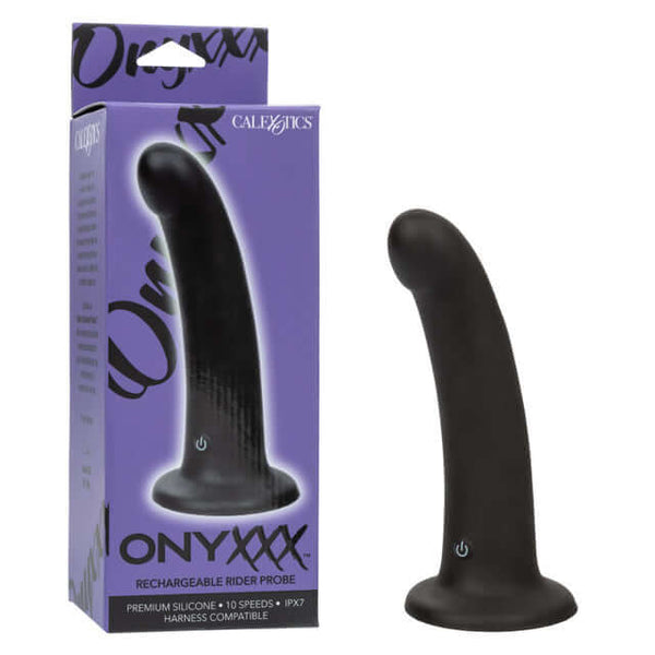 Onyxxx Rider Probe Rechargeable next to packaging, showcasing premium silicone and sleek design.