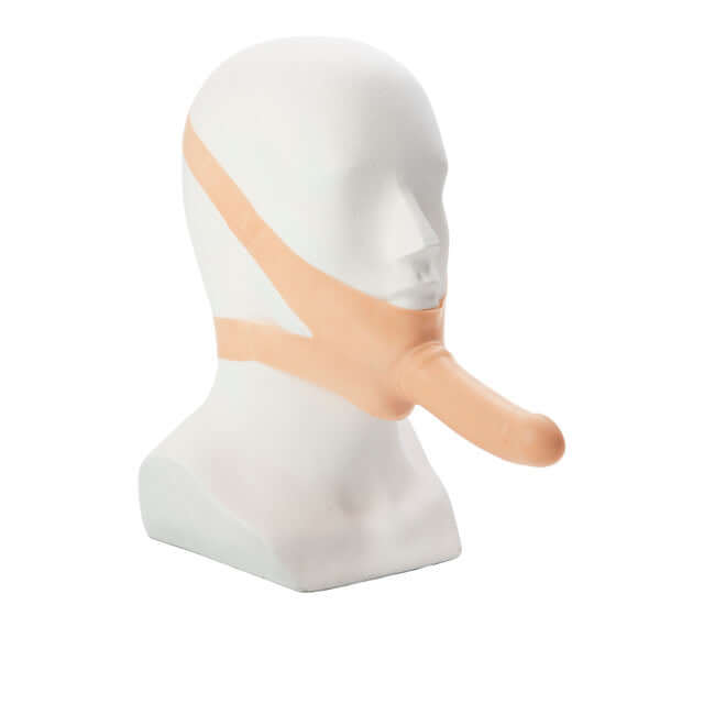 Accommodator Silicone Dong hands-free oral stimulator on mannequin bust