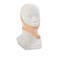 Accommodator Silicone Dong with adjustable straps on mannequin head for hands-free oral stimulation.