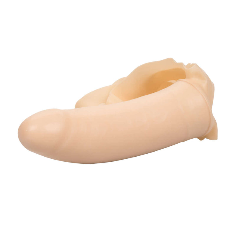 Accommodator Silicone Dong hands-free oral stimulator in flesh tone with comfortable straps for enhanced intimate pleasure.