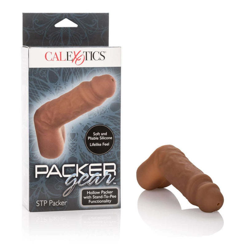 Packer Gear Silicone Hollow STP in Chocolate for FTM Stand To Pee functionality, soft lifelike feel by California Exotic Novelties.