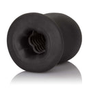 Packer Gear FTM Stroker Black showing a compact, stretchy pleasure sleeve with a ribbed interior and suction features.