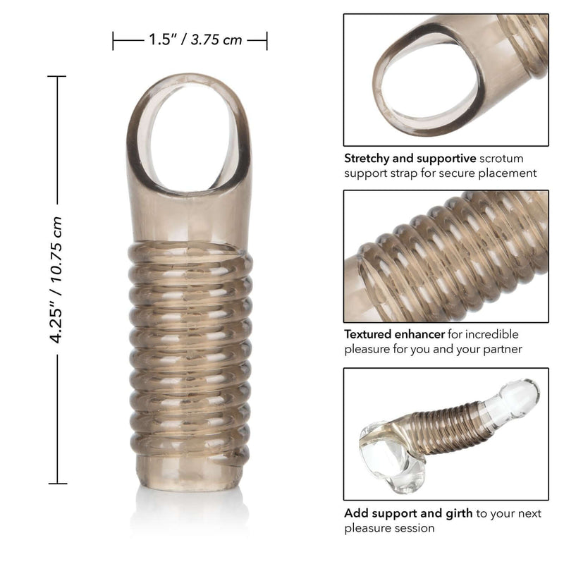 Smoke Sleeve stimulation enhancer with textured chamber and support strap by California Exotic Novelties, enhances pleasure and girth.