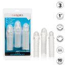 3 Piece Penis Extension Kit Clear featuring three textured extensions for enhanced pleasure and comfort.