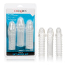 3 Piece Penis Extension Kit Clear featuring textured sleeves for enhanced pleasure and comfort.
