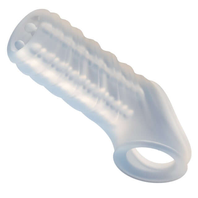 Performance Maxx Liquid Silicone Sleeve with ridged texture and scrotum support, enhancing girth and stamina for added pleasure.