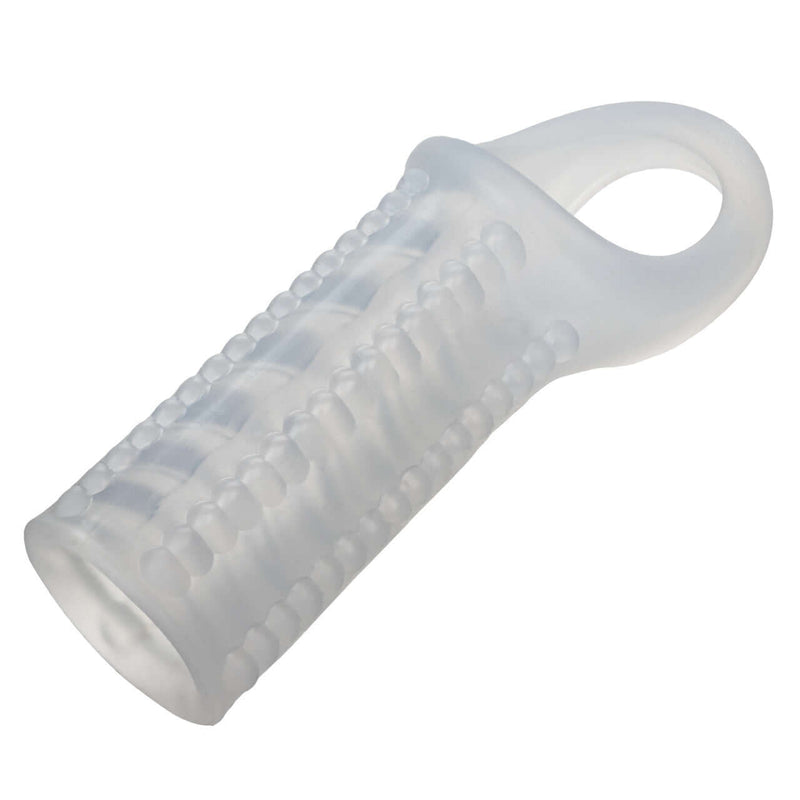 Performance Maxx liquid silicone reversible sleeve with textured design and scrotum support for enhanced pleasure and stamina.