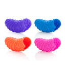 Silicone Finger Swirls Finger Massagers 4 Pack in purple, blue, orange, and pink colors with textured design.